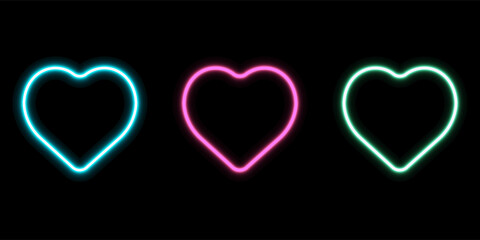 Set of three glowing neon heart shapes in blue, pink and green colors. Vector illustration of romantic neon signs on black background. Modern Valentine&rsquo;s Day design elements suitable for posters.
