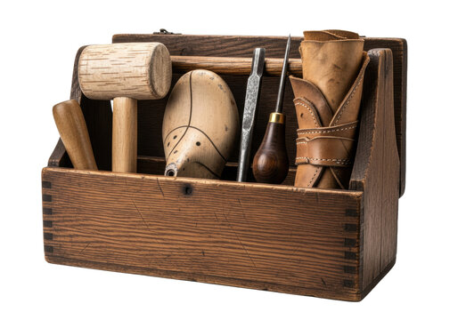 an open antique dark oak cobbler's toolbox, holding a birch mallet and wooden shoe last, photographed in a high-key studio setting on a pure white background. concept of historical craftsmanship