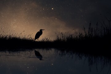Majestic heron under starry night sky with reflection