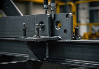 Fototapeta premium Close-up view of heavy metallic structural components being attached using industrial fasteners and specialized tools in a fabrication setting ,component ,parts ,wrench