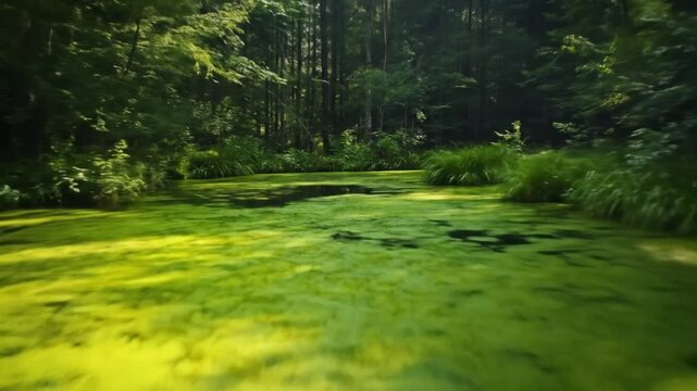 Green algae covers tranquil water surface in a dense forest