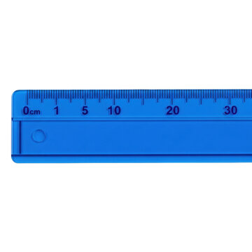 flawless 30cm sapphire-blue translucent acrylic metric ruler with crisp indigo markings, macro close-up, isolated on a seamless white background, concept of precision and utility