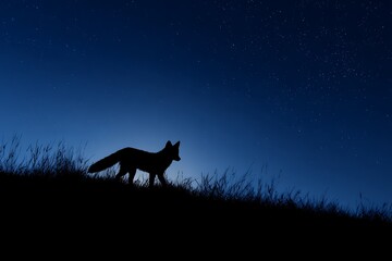 Fox silhouette walking under starry night sky with grass