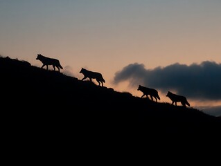 Silhouetted wolves walking on hill at sunset