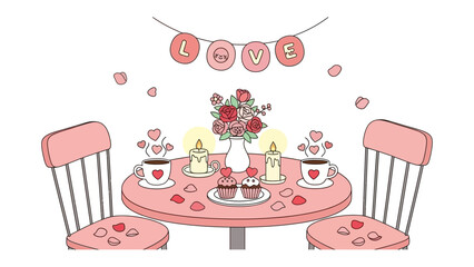 A Romantic Date Setup: A charming scene of a table set for two, decorated with roses, candles, and heart-shaped accents, creating a perfect atmosphere for a romantic date. 
