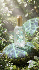 Glass bottle with floral essence placed on a moss-covered rock in a lush green environment