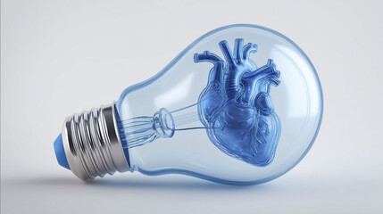 A transparent light bulb contains a detailed blue illustration of a human heart inside. The design blends elements of art and science, creating a unique representation of life and technology
