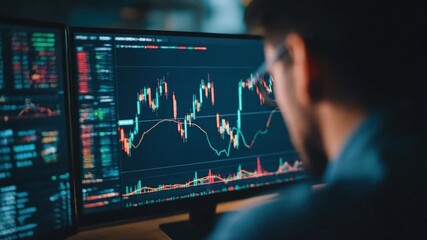 Trader sales man at computer analyzing stock market data on screen. Concept of financial investment, digital trading, and business analytics. - Powered by Adobe