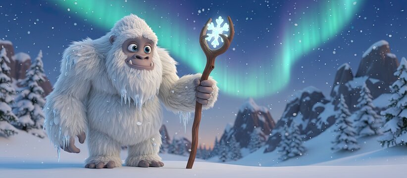 yeti abominable snowman modern 3D animation and cartoon screenshot still in natural habitat - animated wildlife