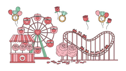 Romantic Amusement Park: Featuring a whimsical scene of a romantic amusement park with elements of love, including Ferris wheel, rollercoaster, heart-shaped design, and other symbols of affection. 