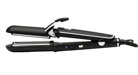 A photorealistic close-up of a matte black professional hair curler appliance featuring a chrome ceramic barrel and digital switch, isolated on pure white. concept for luxury beauty advertising
