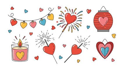 Festive Decorations: An array of charming valentine's decorations including hearts, a lantern and a candle, symbolizing love and affection.