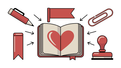 The Book of Love: An illustration shows an open book as the heart of concept. Surrounded by pen, bookmarks, paperclip, rubber stamp, and flag.