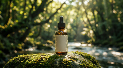 Amber glass dropper bottle with blank label placed on mossy rock by a serene forest stream