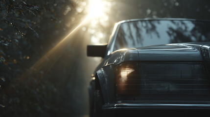 A vintage car is captured from a low angle, focusing on its front headlights. Soft sunlight penetrates through the surrounding trees, creating an interplay of light and shadow that highlights the