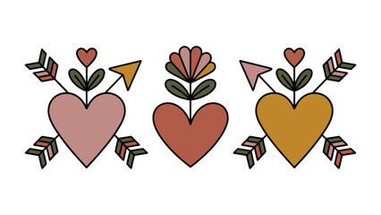Love's Adornments: Three hearts adorned with arrows and delicate floral elements, symbolize affection and tenderness.