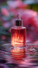 Glass dropper bottle filled with pink liquid floating on rippling water surface surrounded by flowers