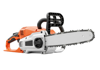 Fototapeta premium Detailed photorealistic electric chainsaw (vibrant safety orange/white), metallic guide bar visible, isolated on a clean white studio background with copy space. Concept for high-performance