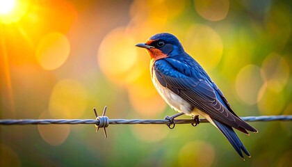 Barn Swallow Bird Perched on Barbed Wire with Sun Flare and Bokeh Background