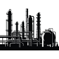 A detailed black and white illustration depicts a sprawling industrial complex with various refinery structures and pipelines