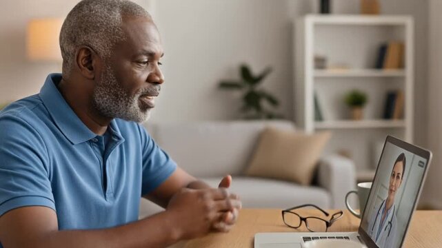 Older patient is at home talking to doctor on video call - telemedicine and telehealth concept with remote call to hospital 