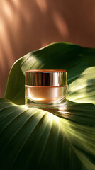 Luxurious skincare cream jar resting on vibrant green leaf with soft natural lighting effects