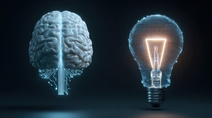 Digital brain connected to glowing light bulb idea