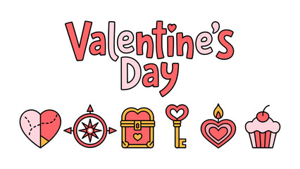 Valentine's Day Icon Set: A charming illustration featuring the essence of love, with heart symbols,compass, chest, key,candle,cupcake, adding a touch of sweetness and affection.