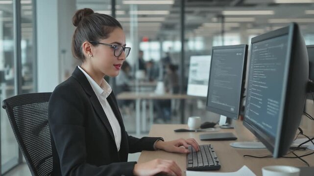 Information technology (IT) and software engineering concept with an app data architect coding on computer screen in office workplace