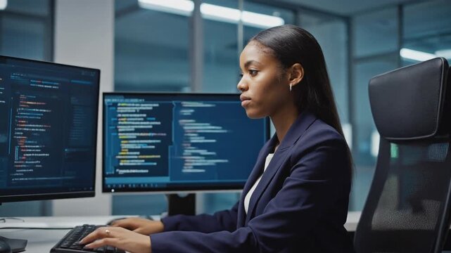 Information technology (IT) and software engineering concept with an app data architect coding on computer screen in office workplace
