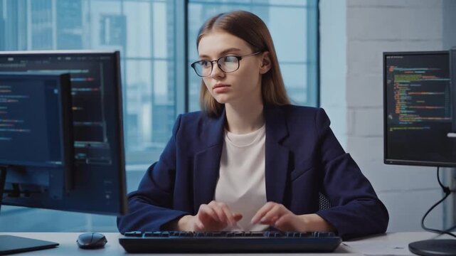 Information technology (IT) and software engineering concept with an app data architect coding on computer screen in office workplace
