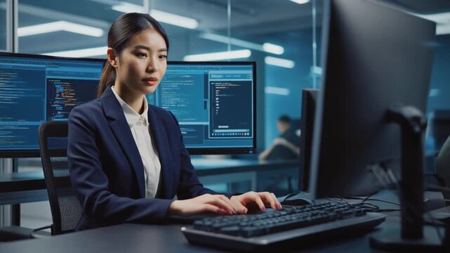 Information technology (IT) and software engineering concept with an app data architect coding on computer screen in office workplace