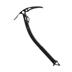 ultra-detailed, professional black carbon fiber technical ice axe with a curved shaft and serrated stainless steel pick, isolated on white. concept of high-tech mountain sports