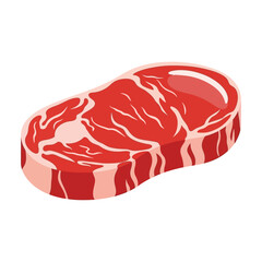 A vibrant cartoon illustration depicts a raw steak with realistic marbling and a bold red hue