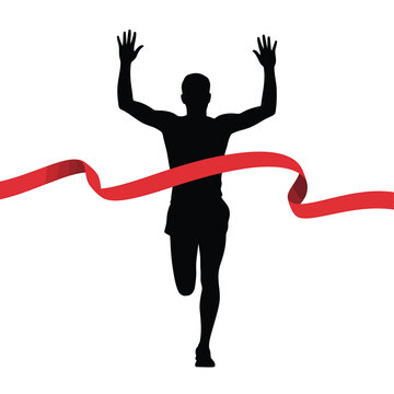 Silhouette of a runner breaking through a red finish line ribbon