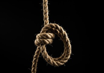 A tightly knotted hangman's loop crafted from rough, natural hemp fiber rope, symbolizing historical justice, execution, and extreme danger ,execution ,knot ,hemp