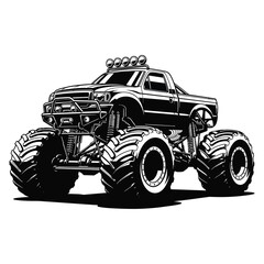 A striking black and white illustration of a powerful monster truck with oversized tires and a detailed design © GDMala02