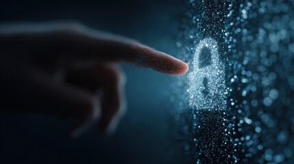 Finger touches digital security lock with glowing particles