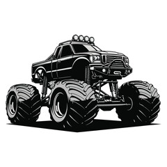 A detailed illustration showcases a black and white monster truck with oversized tires and a powerful build © GDMala02
