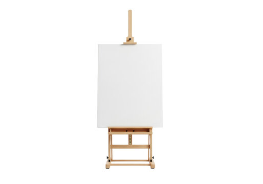 professional light blonde beech studio h-frame easel holding a pristine blank portrait canvas, isolated on a pure white cyclorama under high-key lighting. concept of pure artistic potential and