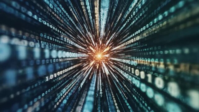 A stunning video visualization of data streams and binary code accelerating through cyberspace in a futuristic tunnel