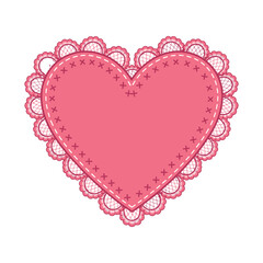 A delicate pink heart shape is adorned with intricate lace detailing and a charming stitched border