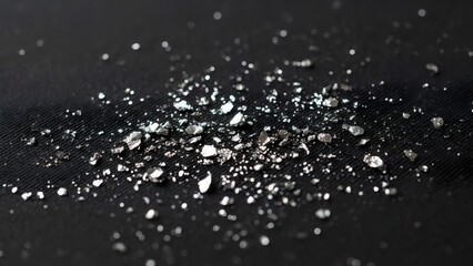 Silver mica flakes shimmering on charcoal fabric macro detail creating metallic dust whisper abstraction for atmospheric artwork inspiration