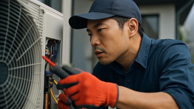 HVAC repair concept with an HVAC technician certified for fixing home appliances and electrical and ventilation