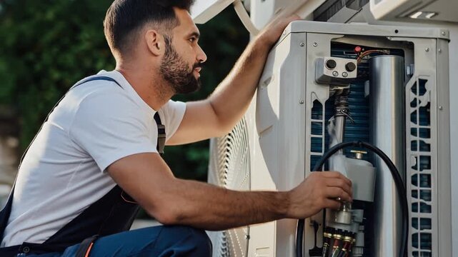 HVAC repair concept with an HVAC technician certified for fixing home appliances and electrical and ventilation