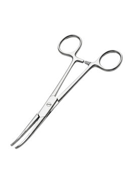 extreme macro of a professional silver stainless steel surgical hemostat, clamped, with serrated jaws and ratchet mechanism, isolated on a pure white background. concept of medical precision