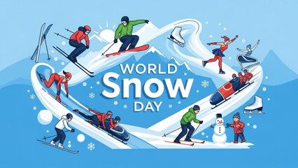World snow day celebration with people skiing, snowboarding, and having fun in the snow with snowman