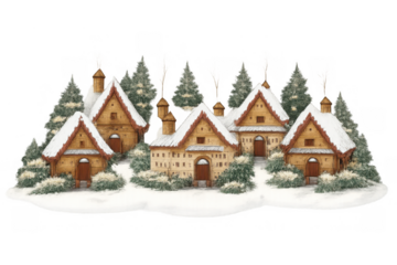 Winter village scene with snow-covered houses and pine trees, creating a cozy christmas holiday atmosphere on transparent background