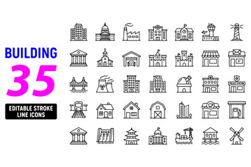 real estate icons,
Building Icon Set &ndash; Structure, Landmark & Public Buildings Line Vector