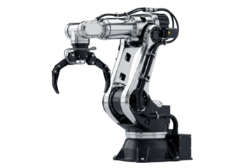 Hyper-detailed 3d rendering of a static, modern industrial robotic arm manipulator with highly polished chrome casing and matte black joints, set against a seamless white studio background with